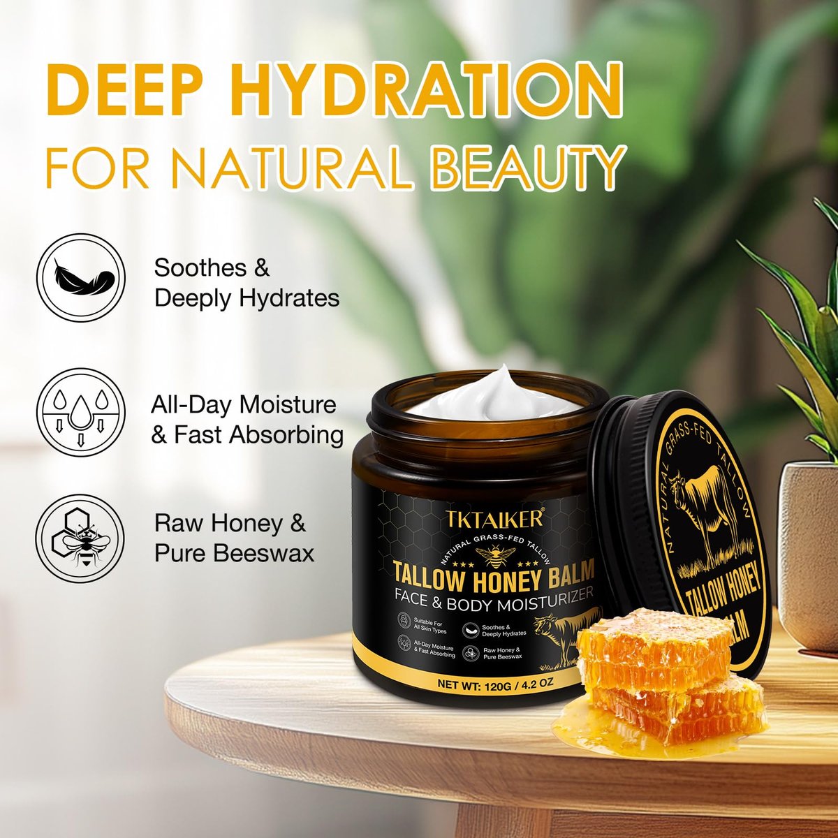 Beef Tallow for Skin & Face – Hydrating Tallow Balm with Raw Honey & Beeswax, Grass-Fed Tallow & Wild Honey Blend, Natural Moisturizer for Dry & Sensitive Skin, Light Scent, 4.2 oz Avelisse