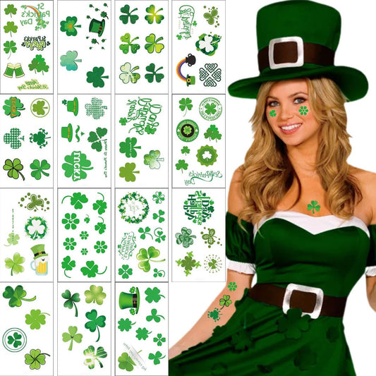 15 Sheets St. Patrick's Day Shamrock Temporary Tattoos - Green Clover Face Stickers for Saint Patrick's Day Party Decor