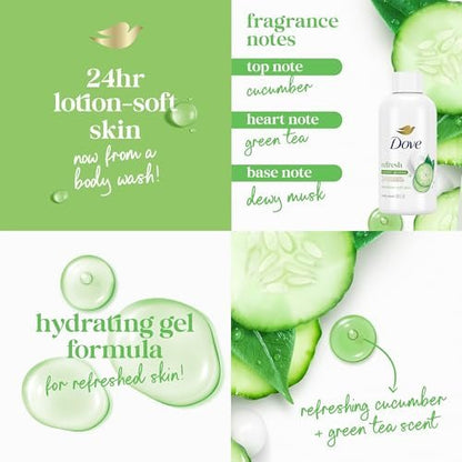 Dove Body Wash Travel Size Variety 6-Pack – Refresh Cucumber and Green Tea + Deep Moisture, 24 Hour Renewing Hydration for Soft Skin, 3 Oz Each Avelisse