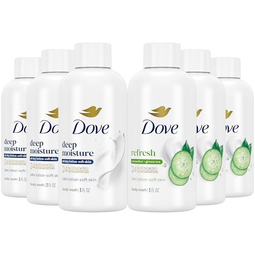 Dove Body Wash Travel Size Variety 6-Pack – Refresh Cucumber and Green Tea + Deep Moisture, 24 Hour Renewing Hydration for Soft Skin, 3 Oz Each Avelisse