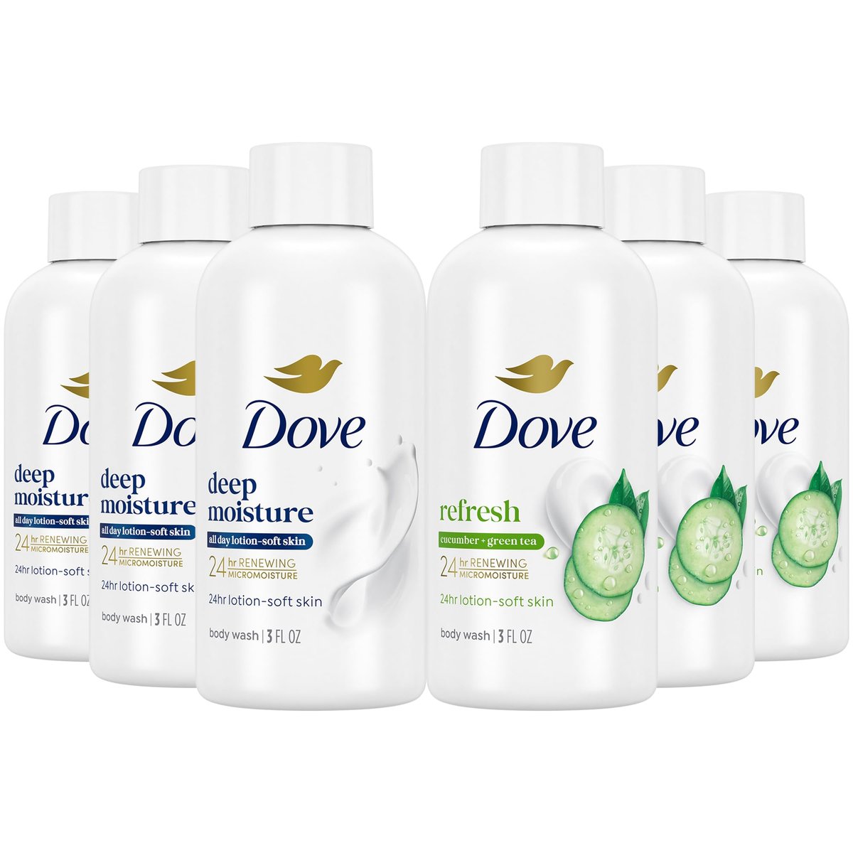 Dove Body Wash Travel Size Variety 6-Pack – Refresh Cucumber and Green Tea + Deep Moisture, 24 Hour Renewing Hydration for Soft Skin, 3 Oz Each Avelisse