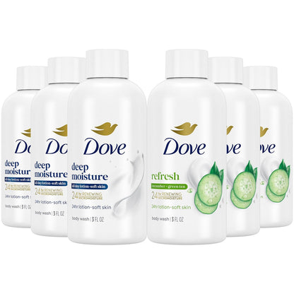 Dove Body Wash Travel Size Variety 6-Pack – Refresh Cucumber and Green Tea + Deep Moisture, 24 Hour Renewing Hydration for Soft Skin, 3 Oz Each Avelisse