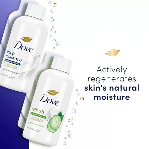 Dove Body Wash Travel Size Variety 6-Pack – Refresh Cucumber and Green Tea + Deep Moisture, 24 Hour Renewing Hydration for Soft Skin, 3 Oz Each Avelisse