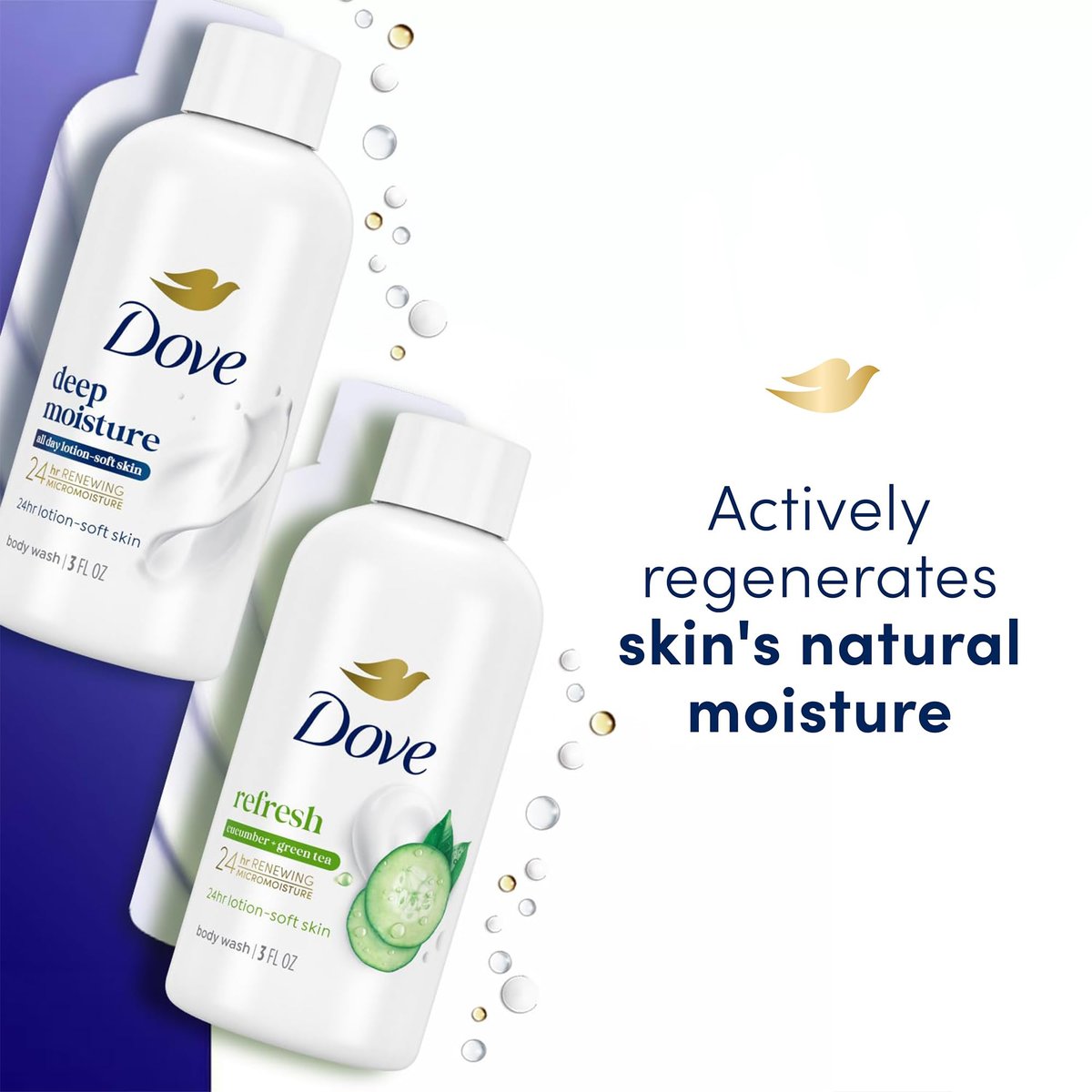 Dove Body Wash Travel Size Variety 6-Pack – Refresh Cucumber and Green Tea + Deep Moisture, 24 Hour Renewing Hydration for Soft Skin, 3 Oz Each Avelisse