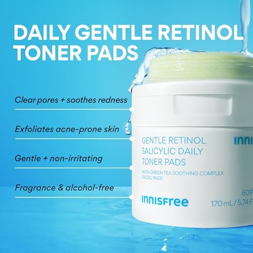 innisfree Daily Gentle Retinol Salicylic Toner Pads for Acne-Prone Skin | Korean Sheet Mask Pads (70 Count) Avelisse