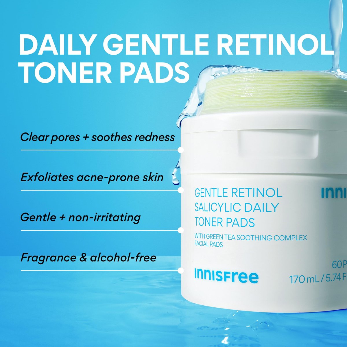 innisfree Daily Gentle Retinol Salicylic Toner Pads for Acne-Prone Skin | Korean Sheet Mask Pads (70 Count) Avelisse