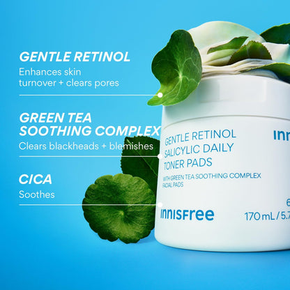 innisfree Daily Gentle Retinol Salicylic Toner Pads for Acne-Prone Skin | Korean Sheet Mask Pads (70 Count) Avelisse