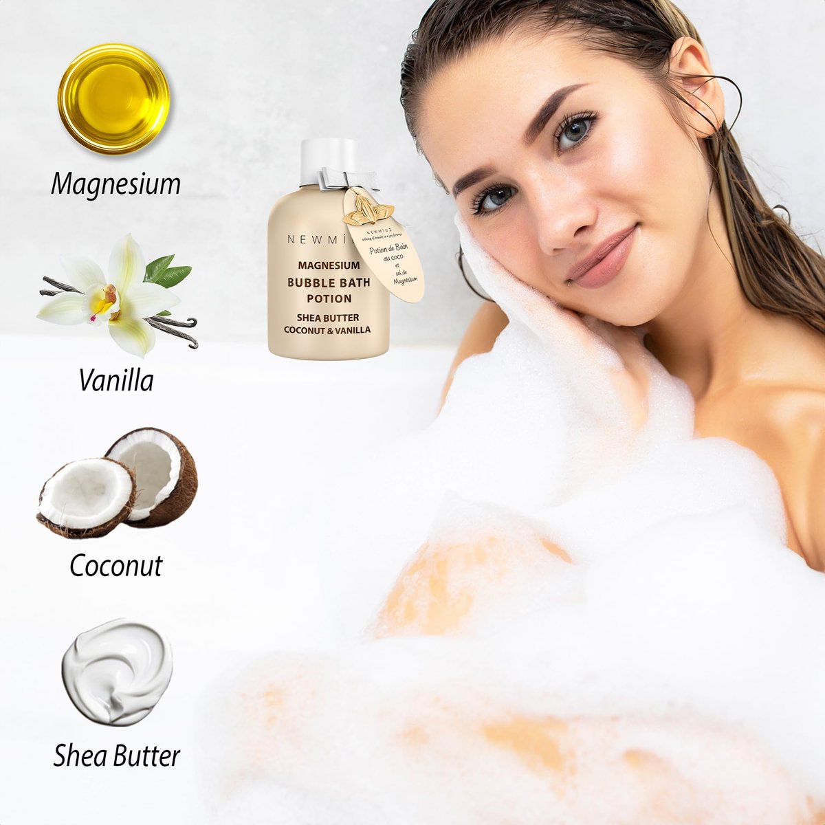 Magnesium Bubble Bath – Long Lasting Foaming Bubbles with Shea Butter, Coconut & Vanilla – Moisturizing Stress Relief Spa Gift for Women Avelisse