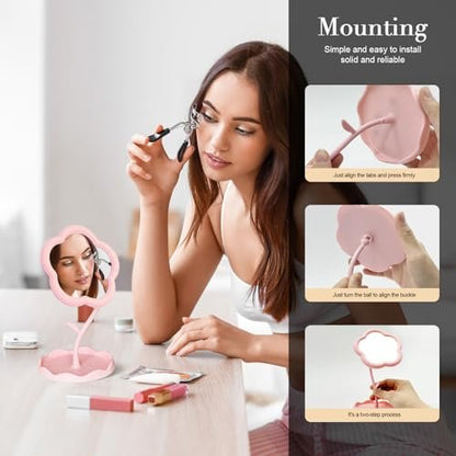 Elegant Pink Vanity Mirror - Versatile Makeup and Mini Desk Mirror with Standing Flower Design, Perfect for Bedroom and Small Bathroom Spaces