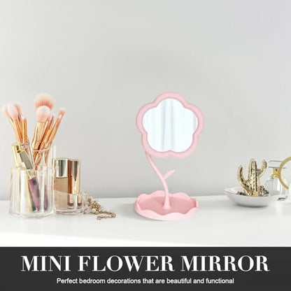 Elegant Pink Vanity Mirror - Versatile Makeup and Mini Desk Mirror with Standing Flower Design, Perfect for Bedroom and Small Bathroom Spaces