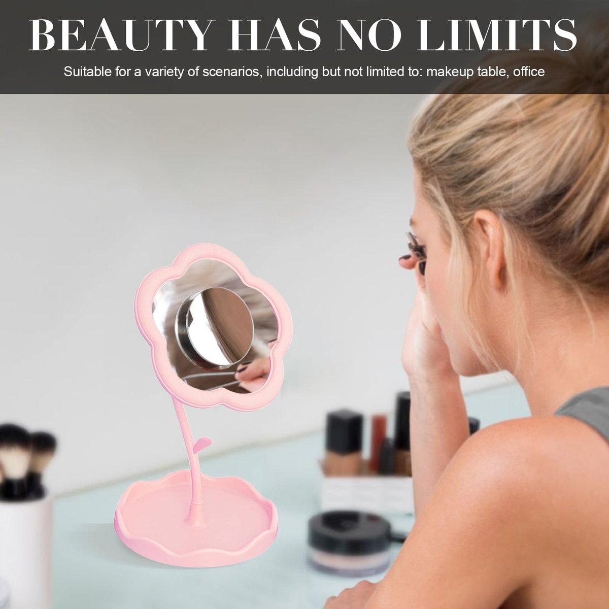 Elegant Pink Vanity Mirror - Versatile Makeup and Mini Desk Mirror with Standing Flower Design, Perfect for Bedroom and Small Bathroom Spaces - görsel 7