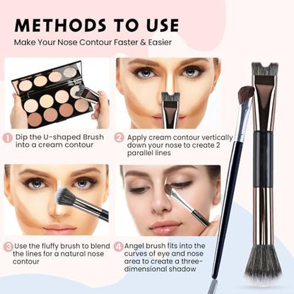 2-Piece Nose Contour Brush Set – 2-in-1 U-Shaped & Fluffy Angled Brush for Sculpting & Defining