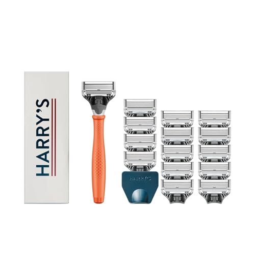 Harry's Original Shaving Kit for Men - Razor Handle, 15 Blade Refills, Travel Cover - German Engineered - Orange Avelisse
