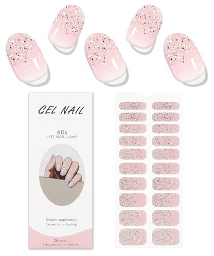JMEOWIO Glitter Light Pink Gel Nail Stickers - UV/LED Cured Nail Strips, Long-Lasting Nail Art Decals