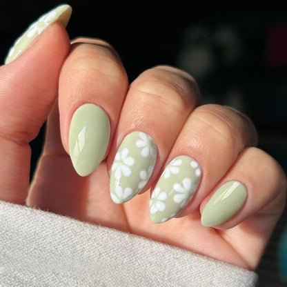 JMEOWIO Gel Nail Stickers White Flower Light Green Semi Cured Gel Nail Strips Wraps UV/LED Nails Art Design Decoration Accessories Avelisse