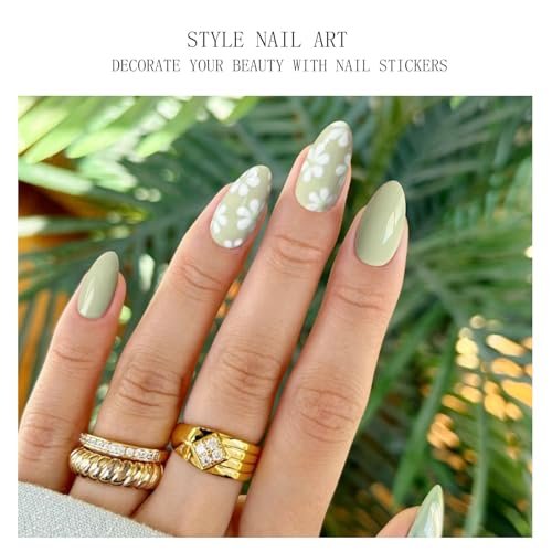 JMEOWIO Gel Nail Stickers White Flower Light Green Semi Cured Gel Nail Strips Wraps UV/LED Nails Art Design Decoration Accessories Avelisse