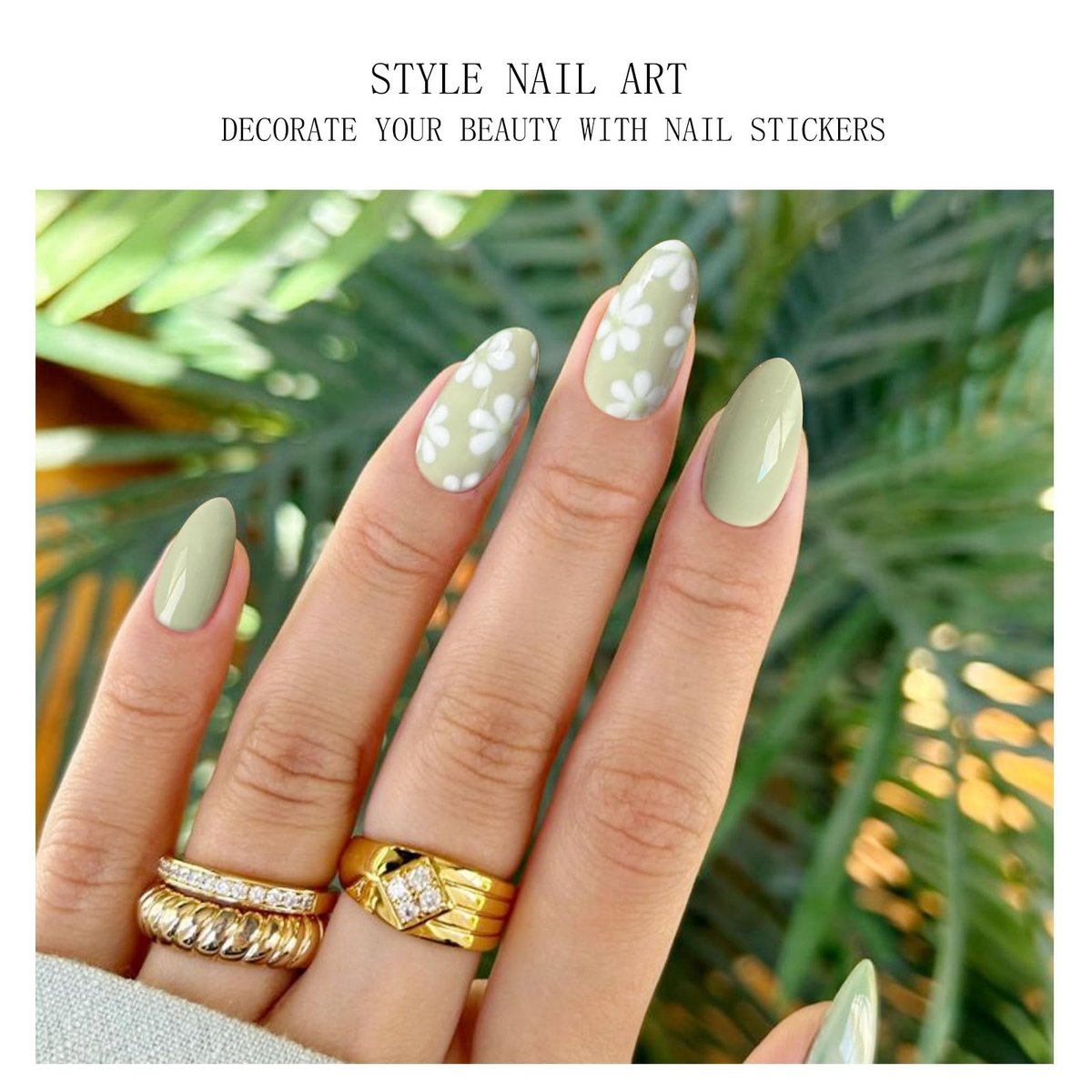 JMEOWIO Gel Nail Stickers White Flower Light Green Semi Cured Gel Nail Strips Wraps UV/LED Nails Art Design Decoration Accessories Avelisse