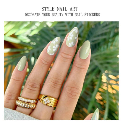 JMEOWIO Gel Nail Stickers White Flower Light Green Semi Cured Gel Nail Strips Wraps UV/LED Nails Art Design Decoration Accessories Avelisse