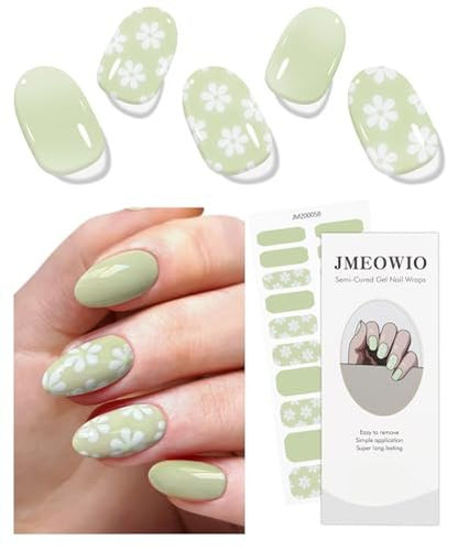 JMEOWIO Gel Nail Stickers White Flower Light Green Semi Cured Gel Nail Strips Wraps UV/LED Nails Art Design Decoration Accessories Avelisse