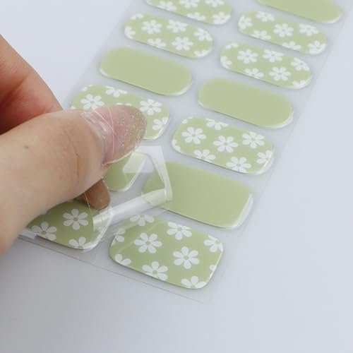 JMEOWIO Gel Nail Stickers White Flower Light Green Semi Cured Gel Nail Strips Wraps UV/LED Nails Art Design Decoration Accessories Avelisse