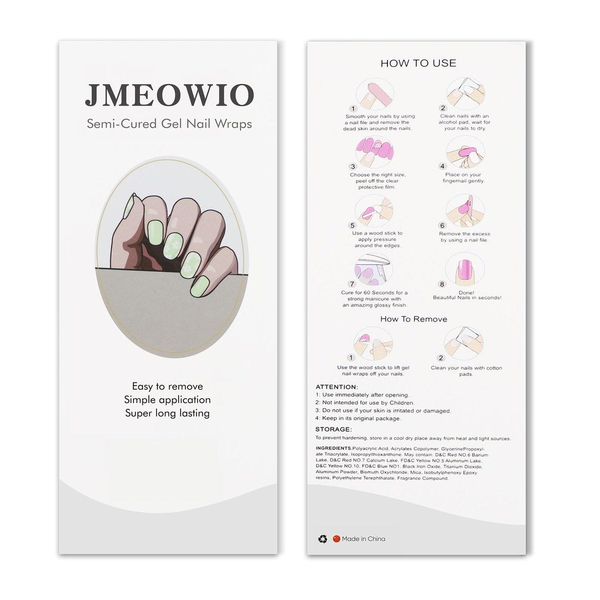 JMEOWIO Gel Nail Stickers White Flower Light Green Semi Cured Gel Nail Strips Wraps UV/LED Nails Art Design Decoration Accessories Avelisse