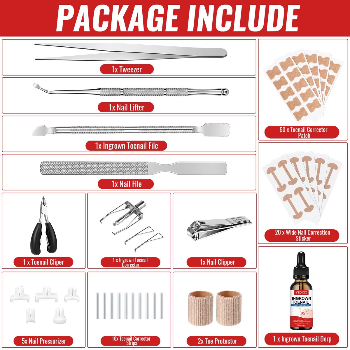 Ingrown Toenail Removal Kit – Complete Tool Set with Corrector, Drops, Patches, Clipper & File | YEQOIZ Avelisse
