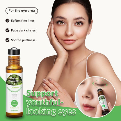 Leczhmyo Organic Castor Oil Roll on for Belly, Face, Body, Under Eyes – Certified Organic, Cold Pressed, Hexane Free, Unrefined – 3 Glass Bottle Pure Roller Ball Castor Oil to Moisturize Skin, Lips