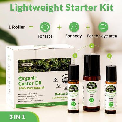 Leczhmyo Organic Castor Oil Roll on for Belly, Face, Body, Under Eyes – Certified Organic, Cold Pressed, Hexane Free, Unrefined – 3 Glass Bottle Pure Roller Ball Castor Oil to Moisturize Skin, Lips