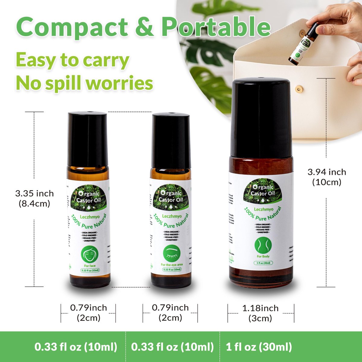 Leczhmyo Organic Castor Oil Roll on for Belly, Face, Body, Under Eyes – Certified Organic, Cold Pressed, Hexane Free, Unrefined – 3 Glass Bottle Pure Roller Ball Castor Oil to Moisturize Skin, Lips - görsel 14