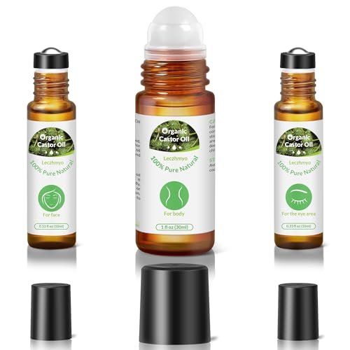 Leczhmyo Organic Castor Oil Roll on for Belly, Face, Body, Under Eyes – Certified Organic, Cold Pressed, Hexane Free, Unrefined – 3 Glass Bottle Pure Roller Ball Castor Oil to Moisturize Skin, Lips - görsel 1