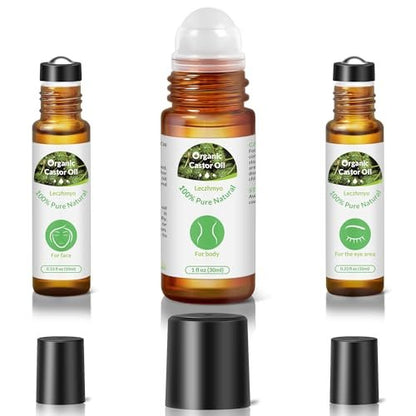 Leczhmyo Organic Castor Oil Roll on for Belly, Face, Body, Under Eyes – Certified Organic, Cold Pressed, Hexane Free, Unrefined – 3 Glass Bottle Pure Roller Ball Castor Oil to Moisturize Skin, Lips