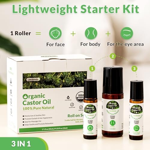 Leczhmyo Organic Castor Oil Roll on for Belly, Face, Body, Under Eyes – Certified Organic, Cold Pressed, Hexane Free, Unrefined – 3 Glass Bottle Pure Roller Ball Castor Oil to Moisturize Skin, Lips - görsel 9