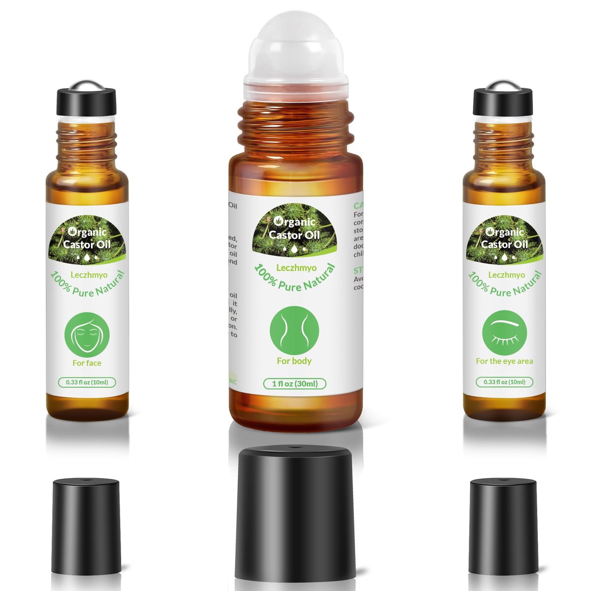 Leczhmyo Organic Castor Oil Roll on for Belly, Face, Body, Under Eyes – Certified Organic, Cold Pressed, Hexane Free, Unrefined – 3 Glass Bottle Pure Roller Ball Castor Oil to Moisturize Skin, Lips - görsel 2