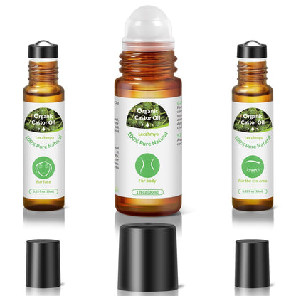 Leczhmyo Organic Castor Oil Roll on for Belly, Face, Body, Under Eyes – Certified Organic, Cold Pressed, Hexane Free, Unrefined – 3 Glass Bottle Pure Roller Ball Castor Oil to Moisturize Skin, Lips