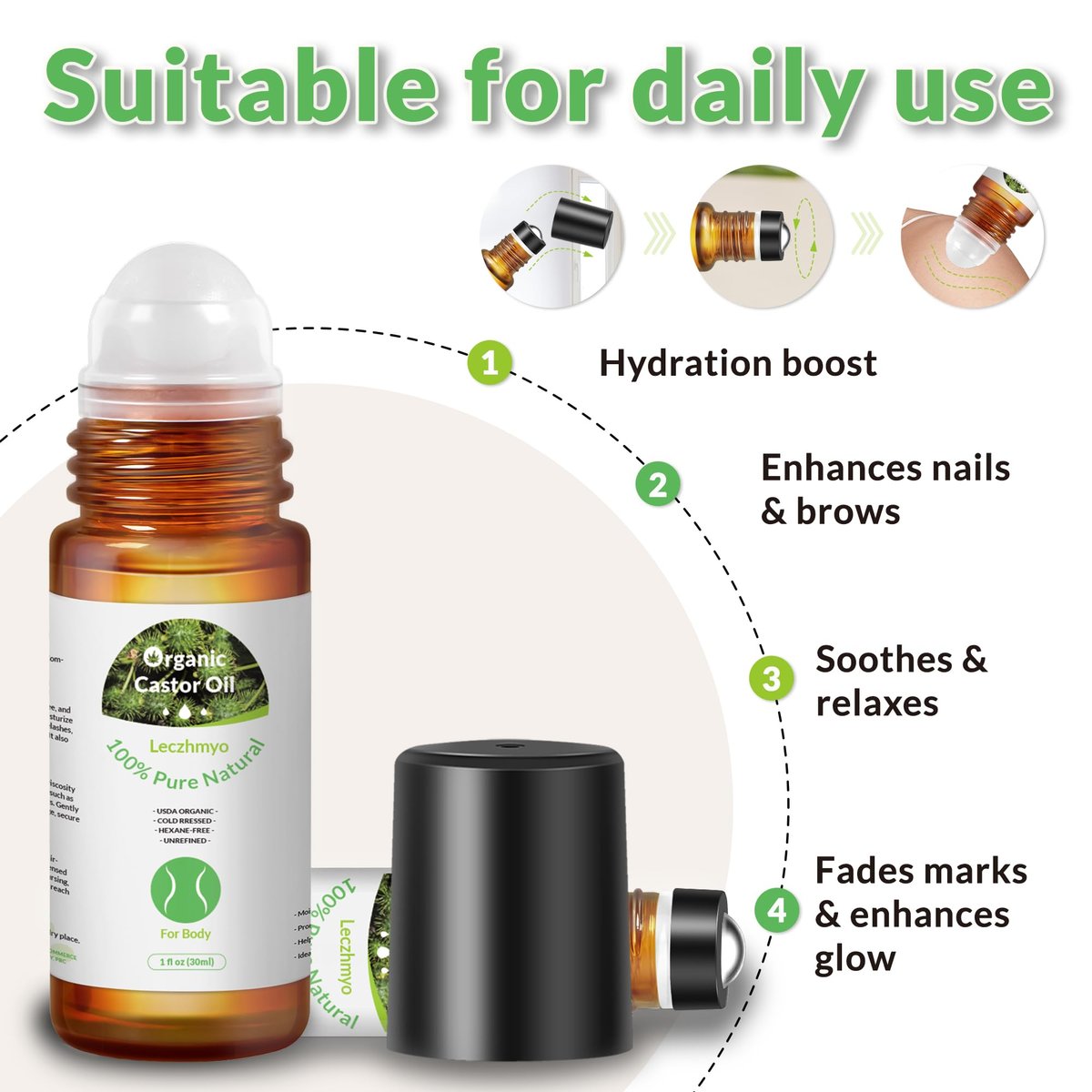 Leczhmyo Organic Castor Oil Roll on for Belly, Face, Body, Under Eyes – Certified Organic, Cold Pressed, Hexane Free, Unrefined – 3 Glass Bottle Pure Roller Ball Castor Oil to Moisturize Skin, Lips - görsel 18