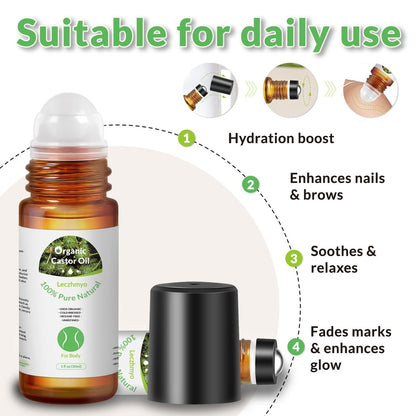 Leczhmyo Organic Castor Oil Roll on for Belly, Face, Body, Under Eyes – Certified Organic, Cold Pressed, Hexane Free, Unrefined – 3 Glass Bottle Pure Roller Ball Castor Oil to Moisturize Skin, Lips