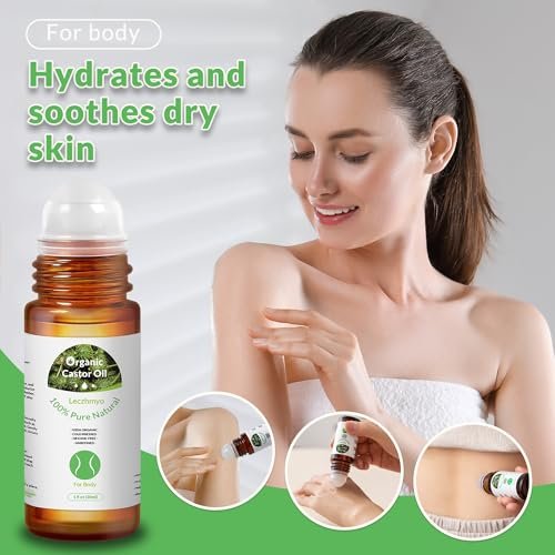 Leczhmyo Organic Castor Oil Roll on for Belly, Face, Body, Under Eyes – Certified Organic, Cold Pressed, Hexane Free, Unrefined – 3 Glass Bottle Pure Roller Ball Castor Oil to Moisturize Skin, Lips - görsel 3