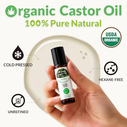 Leczhmyo Organic Castor Oil Roll on for Belly, Face, Body, Under Eyes – Certified Organic, Cold Pressed, Hexane Free, Unrefined – 3 Glass Bottle Pure Roller Ball Castor Oil to Moisturize Skin, Lips