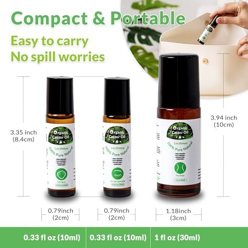 Leczhmyo Organic Castor Oil Roll on for Belly, Face, Body, Under Eyes – Certified Organic, Cold Pressed, Hexane Free, Unrefined – 3 Glass Bottle Pure Roller Ball Castor Oil to Moisturize Skin, Lips - görsel 13
