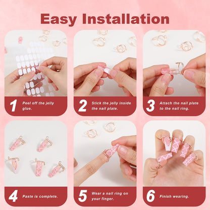 Tyqour 10-Piece Rose Gold Wudu Nail Rings with Attached Nails - Adjustable Metal Fingernail Rings for Women, Reusable Detachable Nail Art Set Avelisse