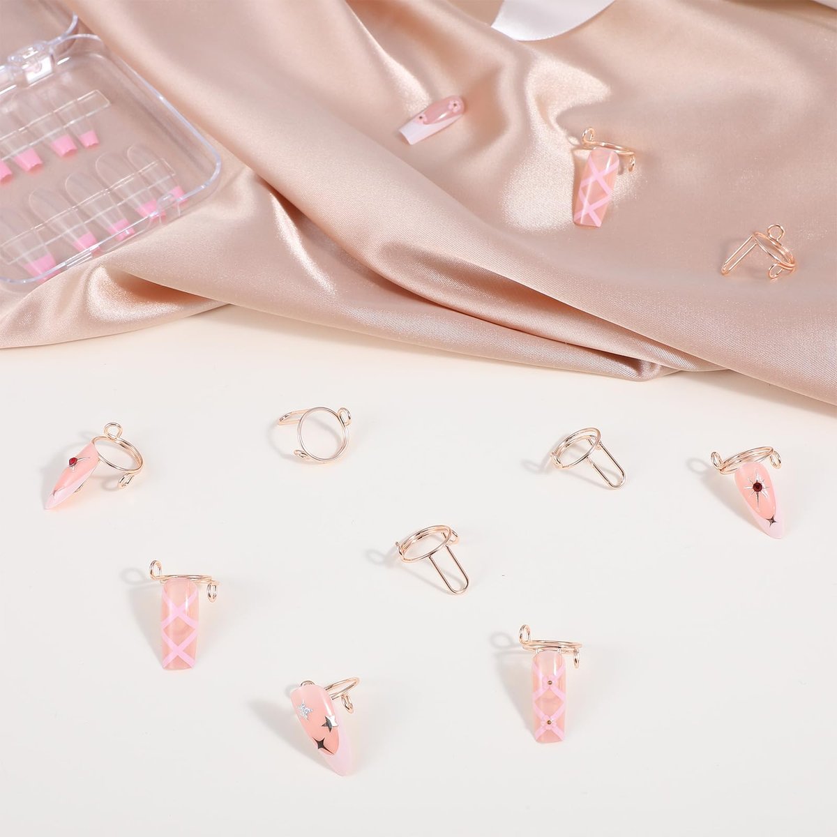 Tyqour 10-Piece Rose Gold Wudu Nail Rings with Attached Nails - Adjustable Metal Fingernail Rings for Women, Reusable Detachable Nail Art Set Avelisse