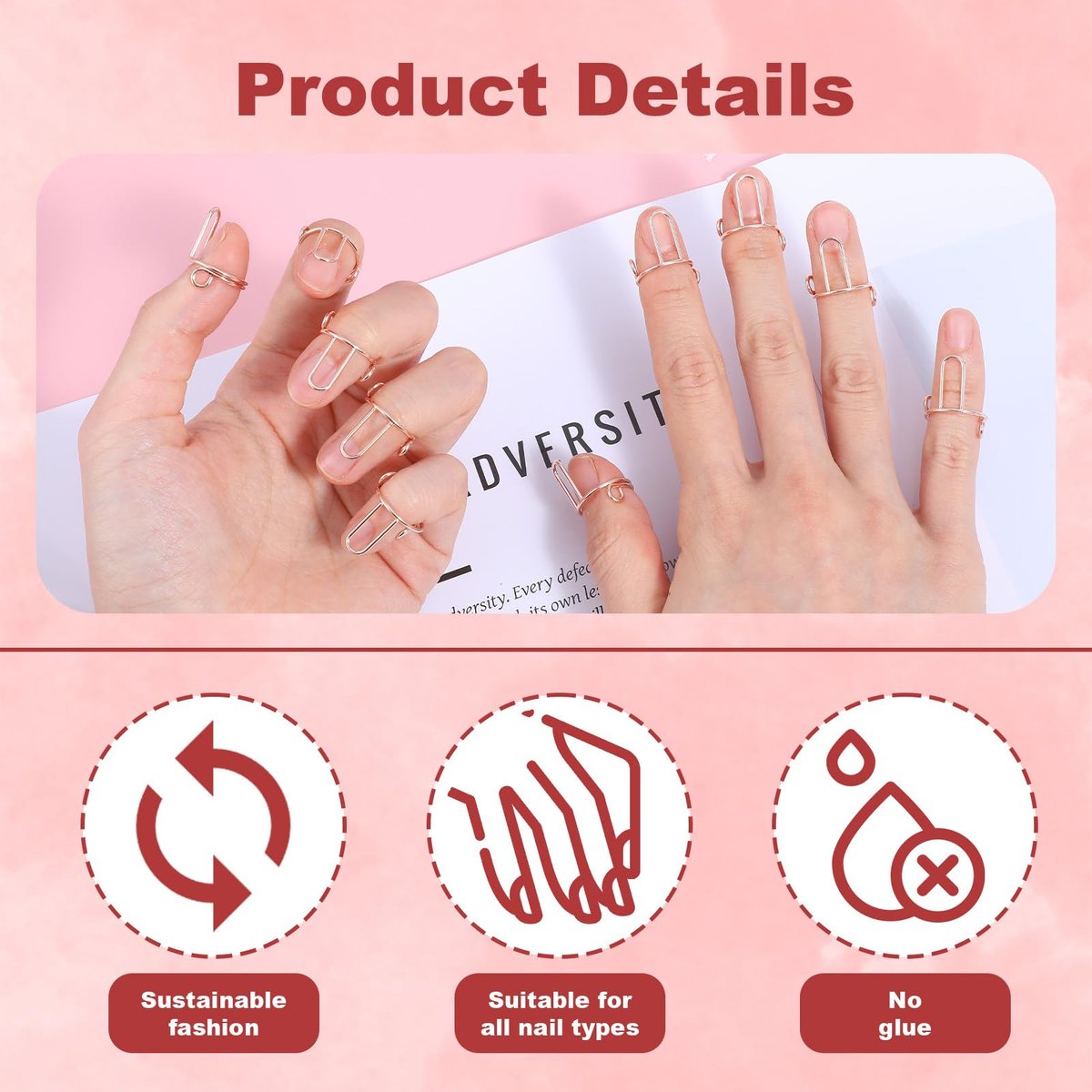Tyqour 10-Piece Rose Gold Wudu Nail Rings with Attached Nails - Adjustable Metal Fingernail Rings for Women, Reusable Detachable Nail Art Set Avelisse