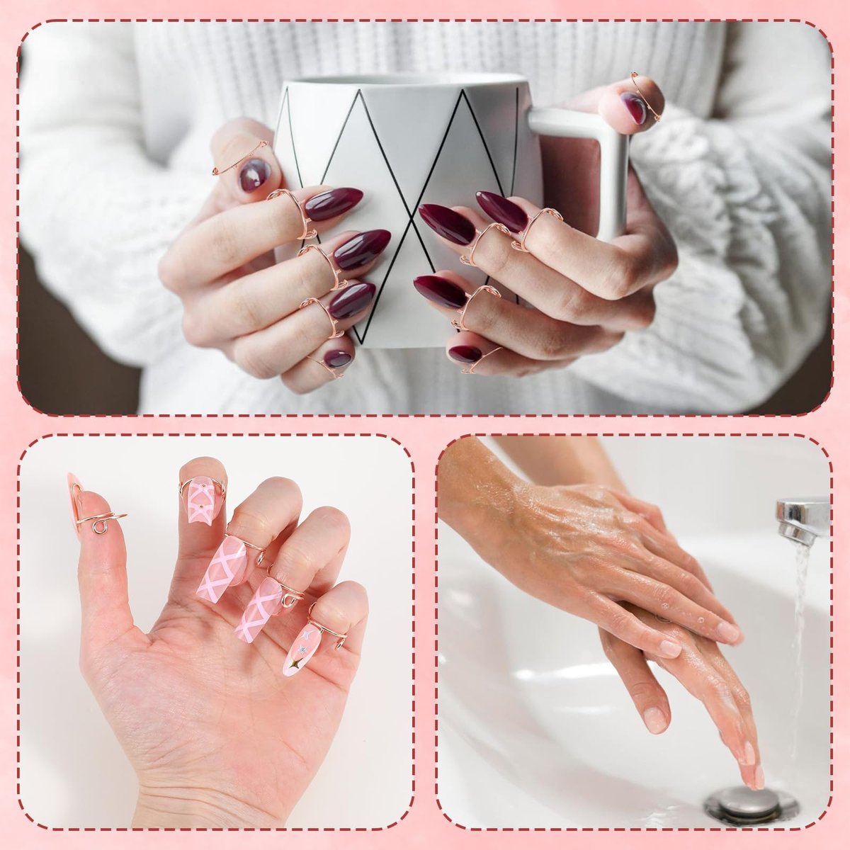 Tyqour 10-Piece Rose Gold Wudu Nail Rings with Attached Nails - Adjustable Metal Fingernail Rings for Women, Reusable Detachable Nail Art Set Avelisse