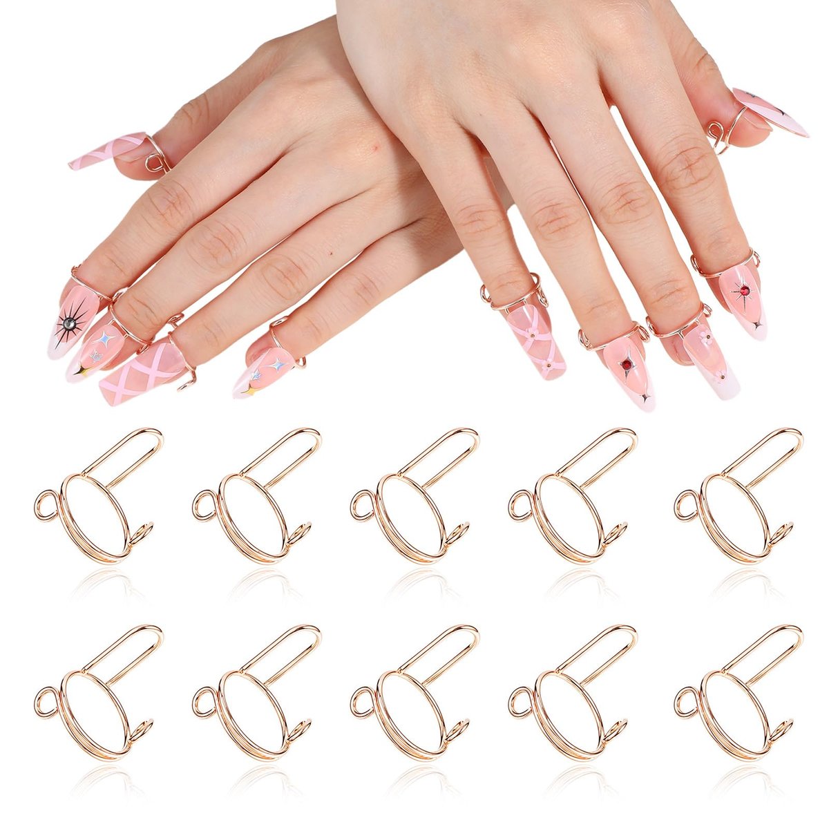 Tyqour 10-Piece Rose Gold Wudu Nail Rings with Attached Nails - Adjustable Metal Fingernail Rings for Women, Reusable Detachable Nail Art Set Avelisse