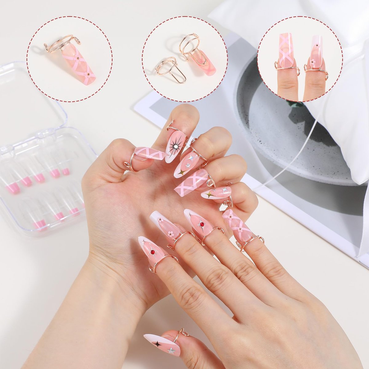 Tyqour 10-Piece Rose Gold Wudu Nail Rings with Attached Nails - Adjustable Metal Fingernail Rings for Women, Reusable Detachable Nail Art Set Avelisse