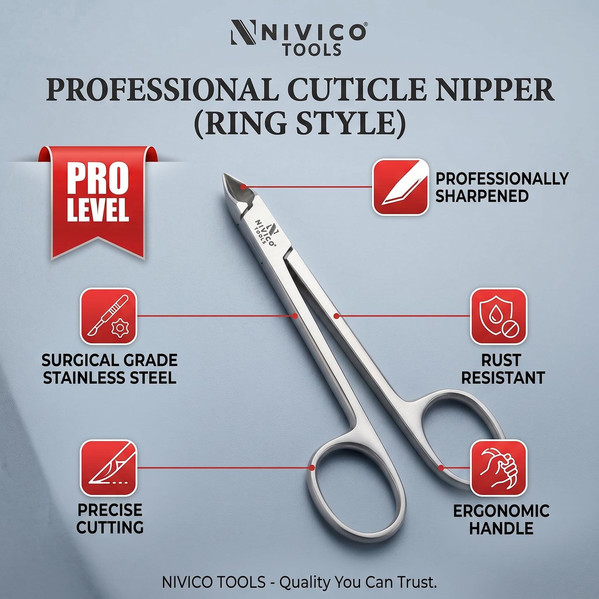 Nivico Tools Premium Cuticle Nipper – Professional Surgical Stainless Steel Cuticle Trimmer & Hangnail Clipper with Ring Handle for Manicure & Pedicure - görsel 9