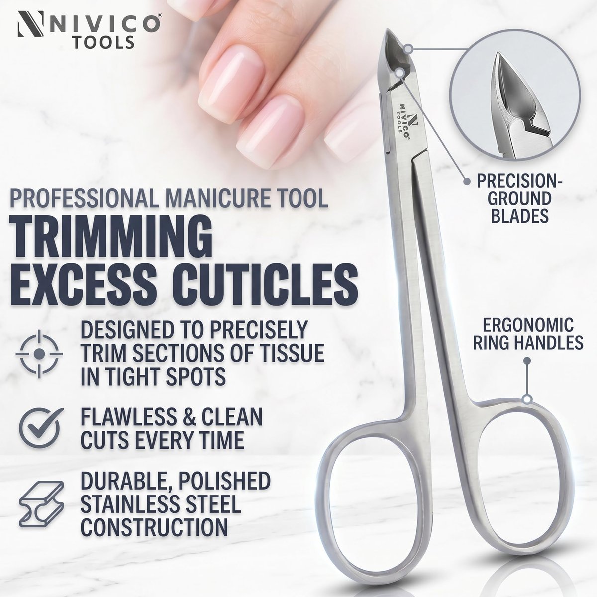 Nivico Tools Premium Cuticle Nipper – Professional Surgical Stainless Steel Cuticle Trimmer & Hangnail Clipper with Ring Handle for Manicure & Pedicure - görsel 3