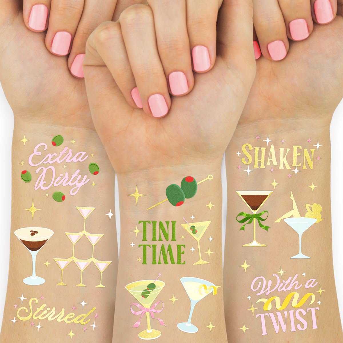 xo, Fetti Extra Dirty Martini Temporary Tattoos - 50 Gold Foil Pcs | Birthday Cocktail Accessory, Bachelorette Olive Party Favor, Cute 30th Bday Activity - görsel 2