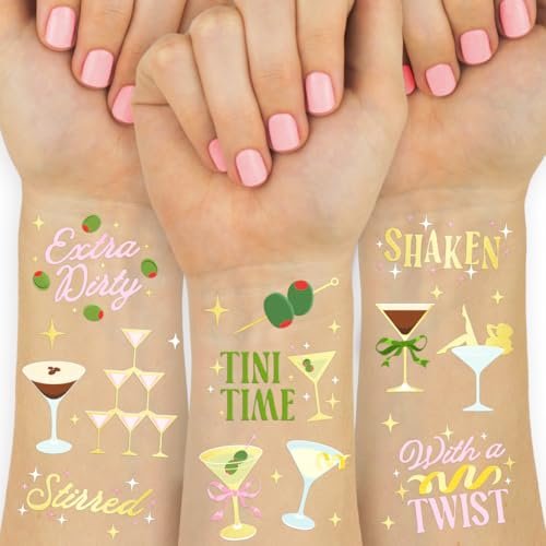 xo, Fetti Extra Dirty Martini Temporary Tattoos - 50 Gold Foil Pcs | Birthday Cocktail Accessory, Bachelorette Olive Party Favor, Cute 30th Bday Activity - görsel 1