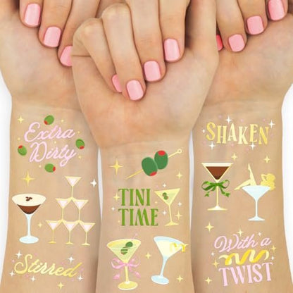 xo, Fetti Extra Dirty Martini Temporary Tattoos - 50 Gold Foil Pcs | Birthday Cocktail Accessory, Bachelorette Olive Party Favor, Cute 30th Bday Activity